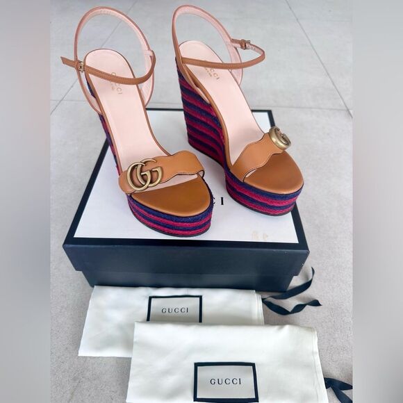 Gucci Lifford GG Marmont Brown Leather Platform Espadrille Sandals EU 39 US 9 - Picture 1 of 12